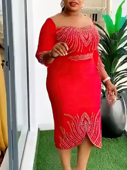 Mid-Sleeve Beaded & Rhinestone Party Dress