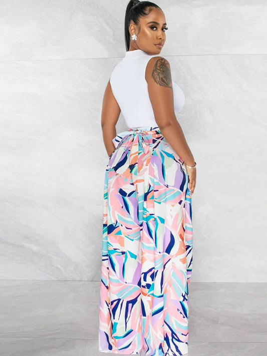 Two Piece Crop Top Floral Print Long Pants