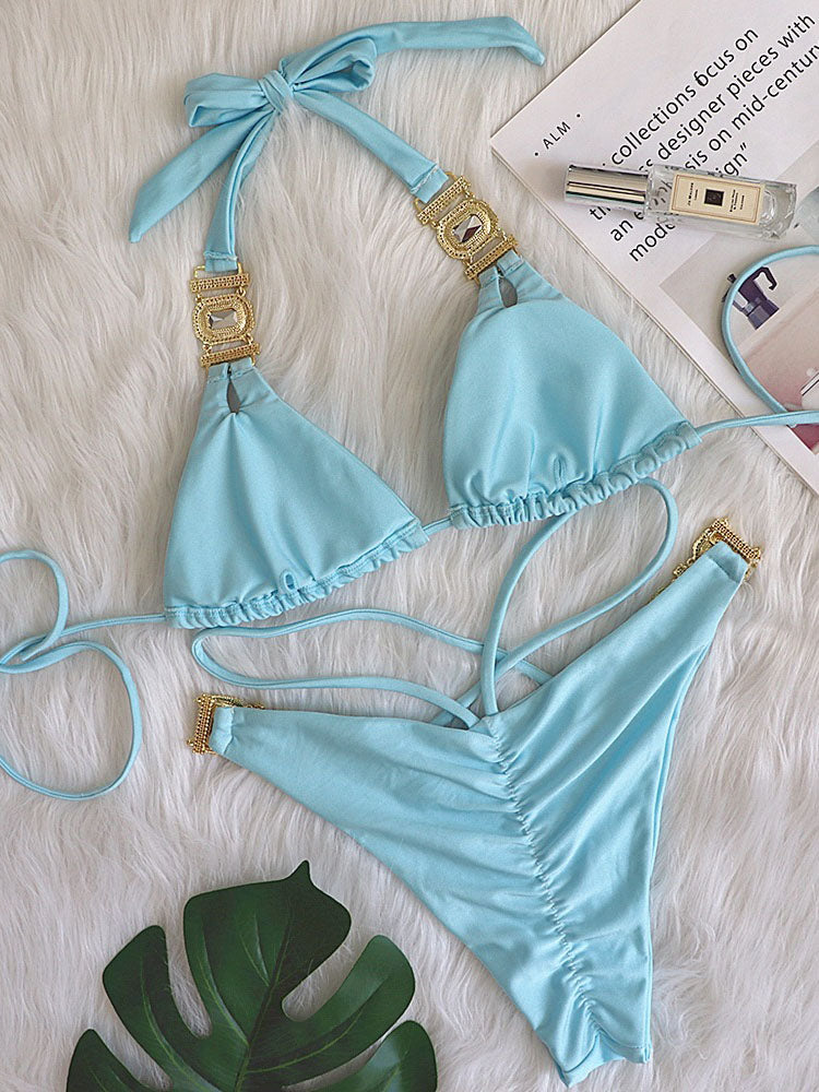 Trajes de baño de bikini halter con diamantes de imitación de dos piezas