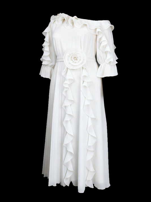 Ruffled Off-Shoulder Pleated Maxi Dress