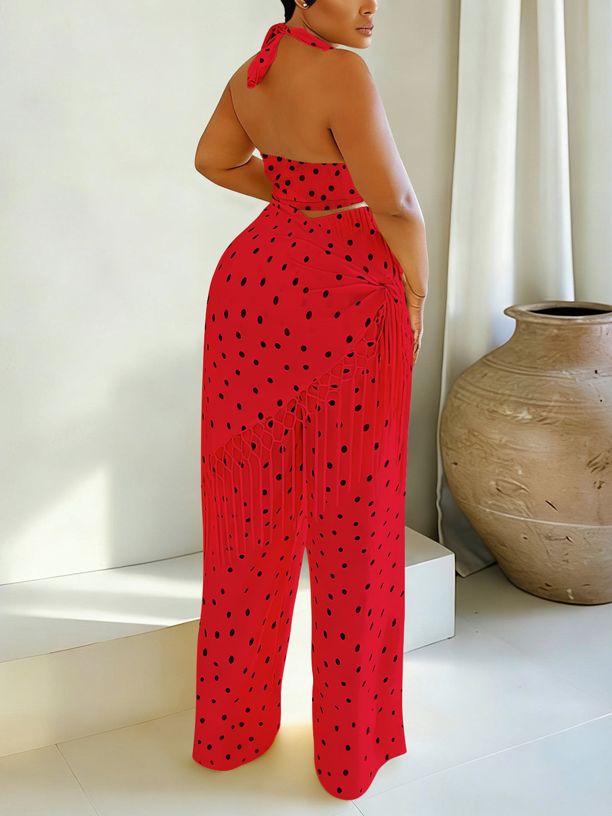 Polka Dot Halter Fringe Pants Set