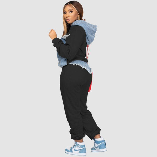 Denim Patchwork Hoodies Pant Set