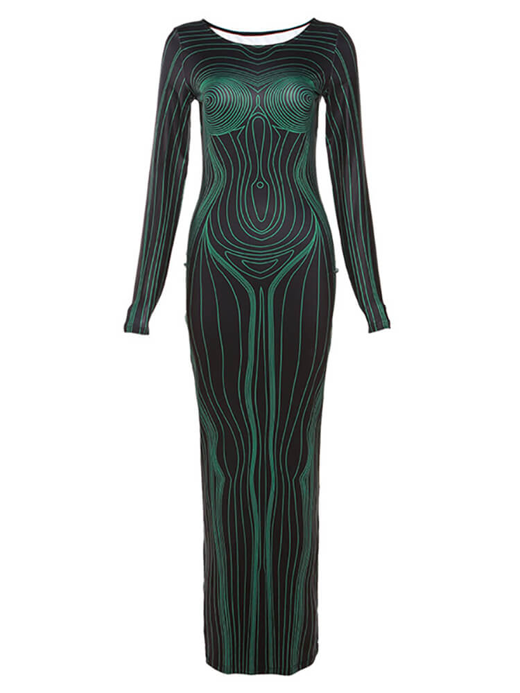 Long Sleeve Striped Bodycon Maxi Dress