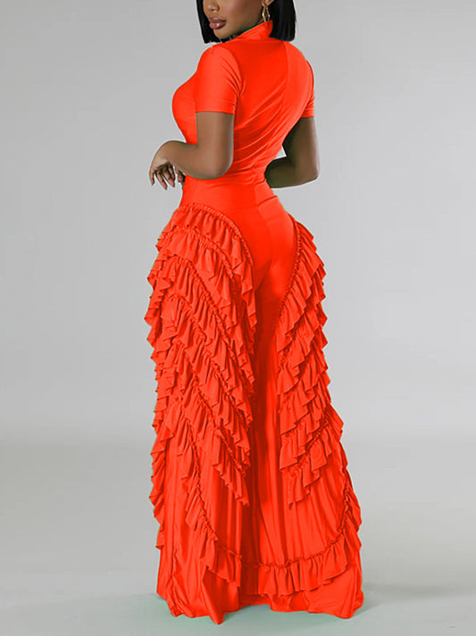 Two Pieces Short Sleeve Ruffle Trim Jumpsuit