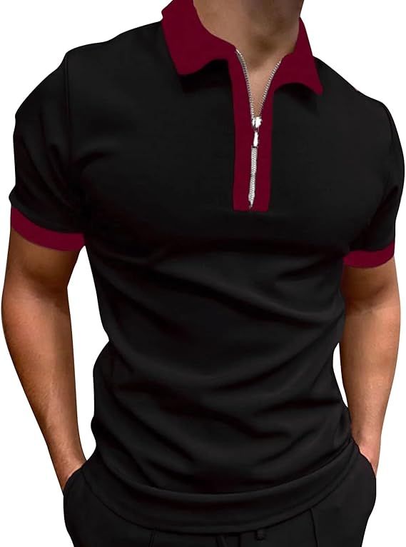 Mens Patchwork Zipper Short Sleeve Polo Shirts
