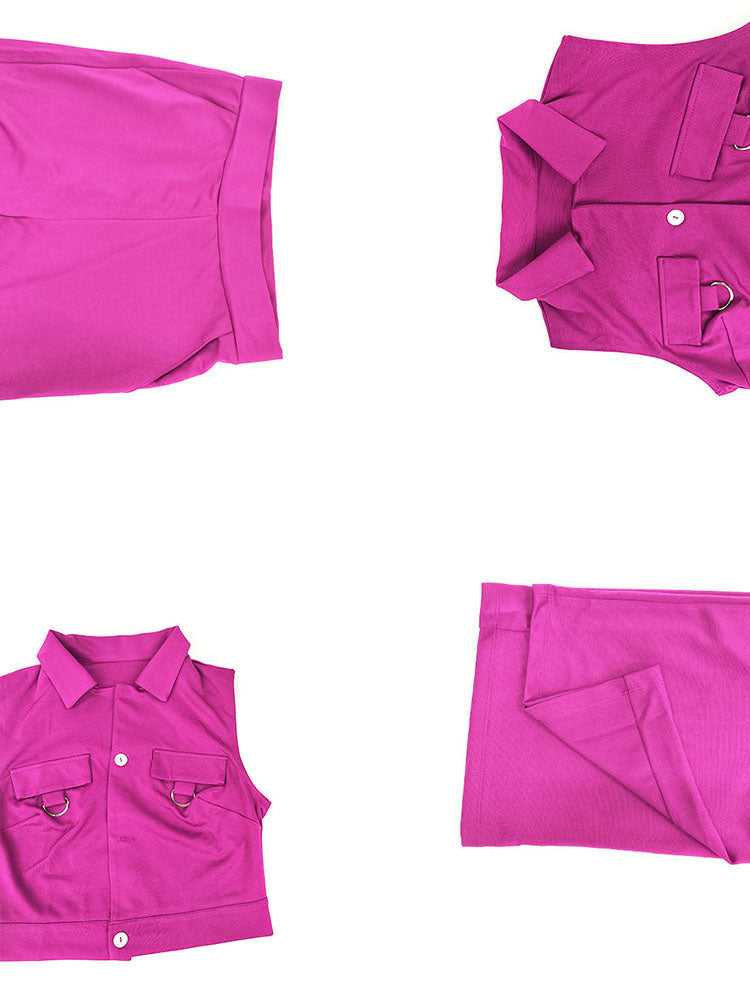 Conjunto de pantalón largo y chaleco con cuello polo de color liso