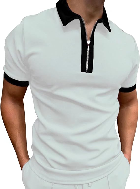 Mens Patchwork Zipper Short Sleeve Polo Shirts