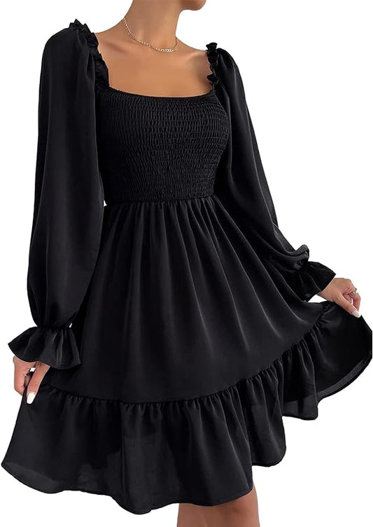 Square Neck Puff Sleeve Ruffle Hem Dress