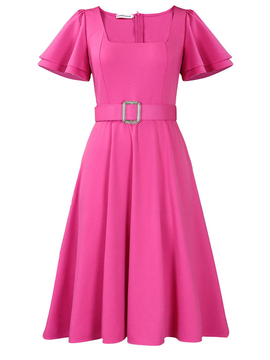 Flared Sleeve Square Neck Midi Dress with Belt