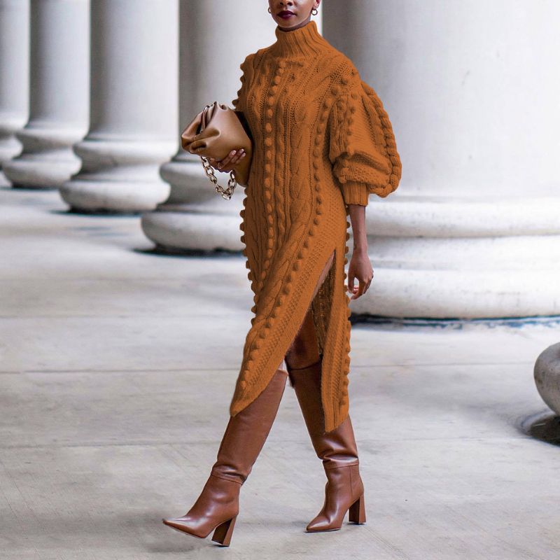 High Collar Slit knit Midi Dress