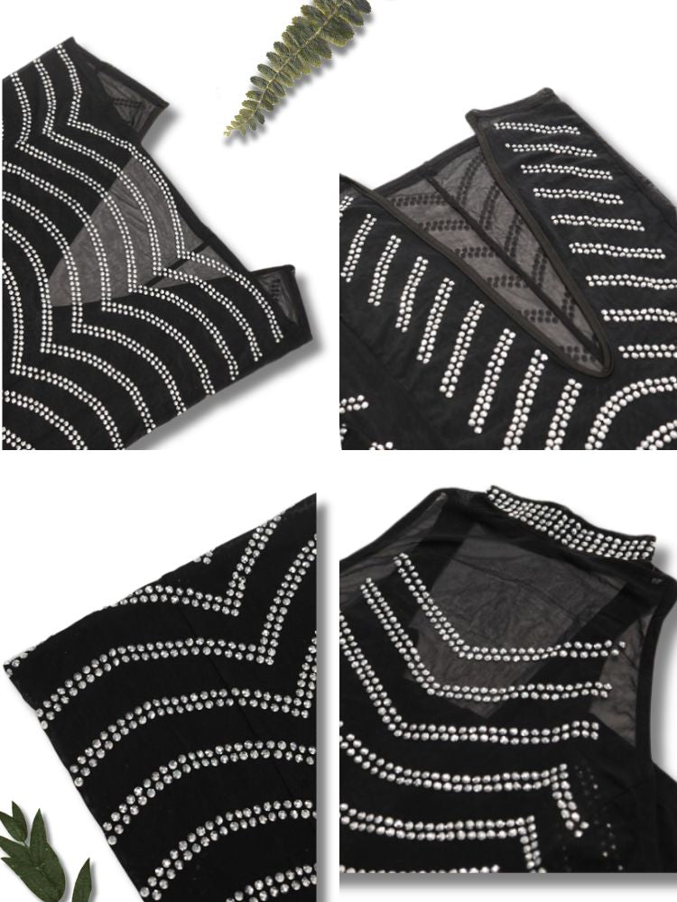 Sleeveless Mock Neck Backless Rhinestone Maxi Dress