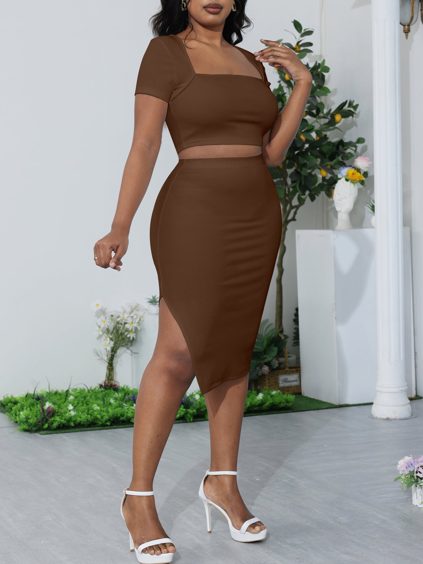 Square Neck Crop Top Side-Slit Midi Skirt