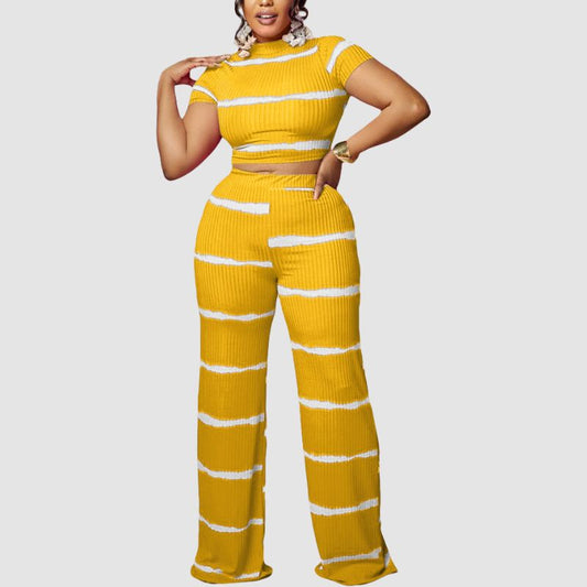 Conjunto de pernera ancha de punto acanalado con estampado de rayas