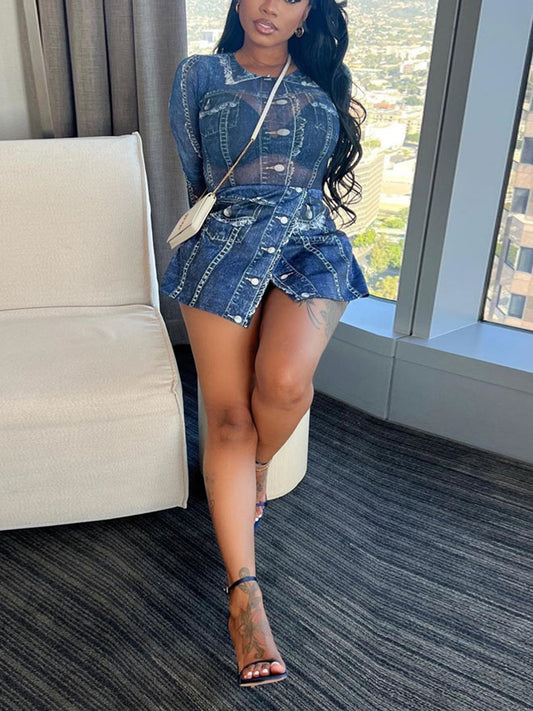 Conjunto de falda y top de malla estampado de dos piezas