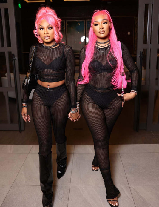 Two Piece Mesh Long Sleeve Crop Top Pants