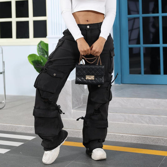 Solid Color Flap Pocket Loose Denim Pants