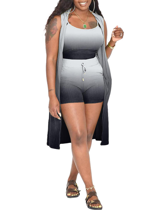 Three Piece Ribbed Sleeveless Cardigan & Bodycon Shorts