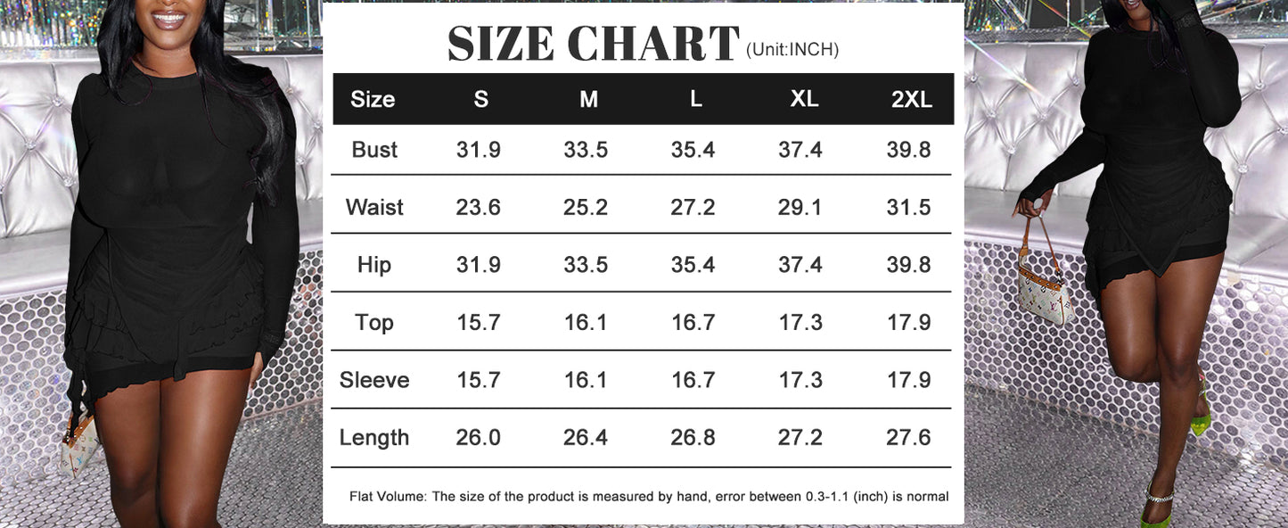 Two Piece Mesh Long Sleeve Top Ruffle Skirts