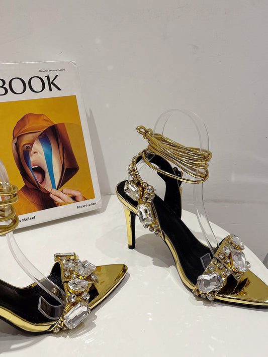 Crisscross Rhinestone Strap High Heel Sandal