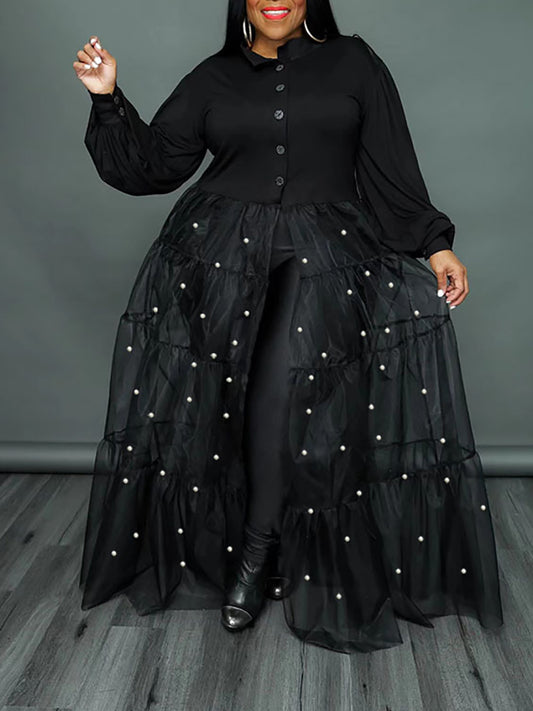 Plus Size Pearl Mesh Patchwork Top