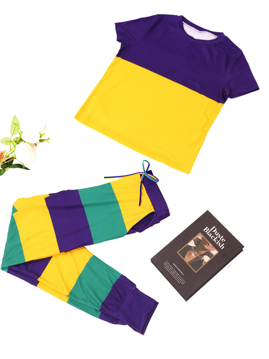 Two-Piece Striped Short Sleeve Top Pants Set