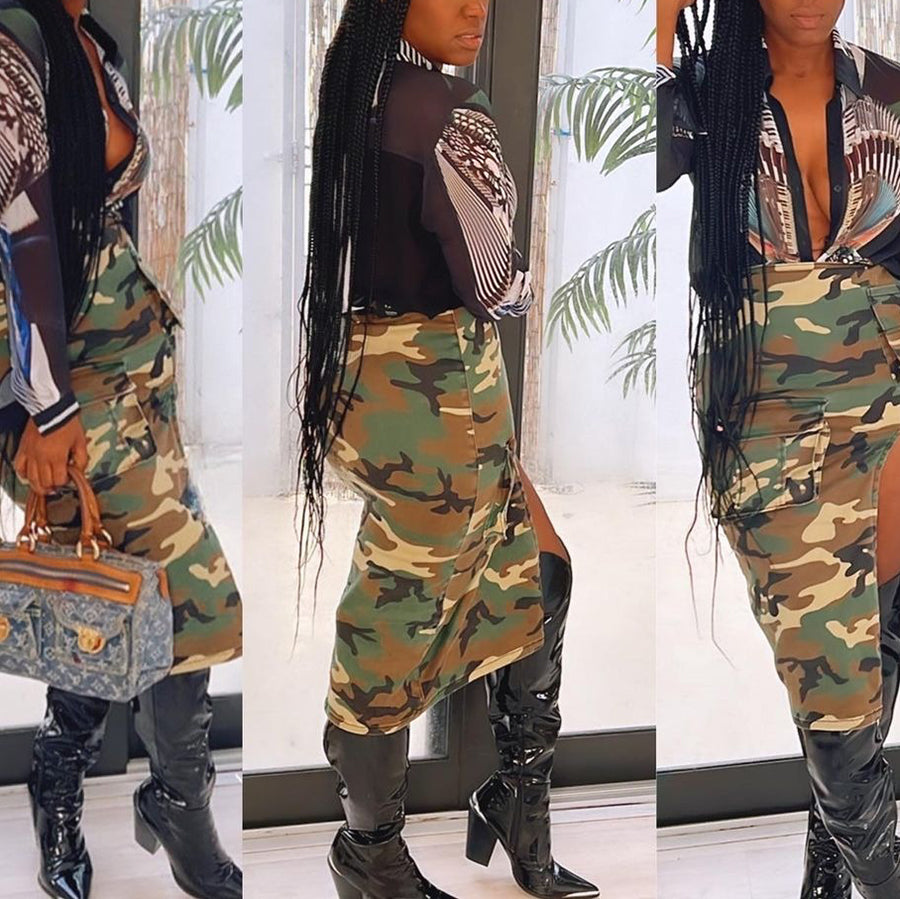 Camouflage Zipper Utility Pockets Split Skirt