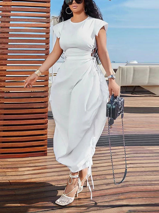 Solid Color Puff Sleeve Drawstring Waist Dress