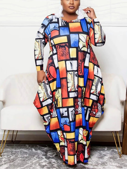 Plus Size Long Sleeve Pockets Print Dress