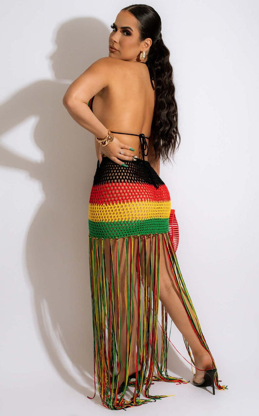 Two Piece Crochet Fishnet Bikini Top Tassel Skirt