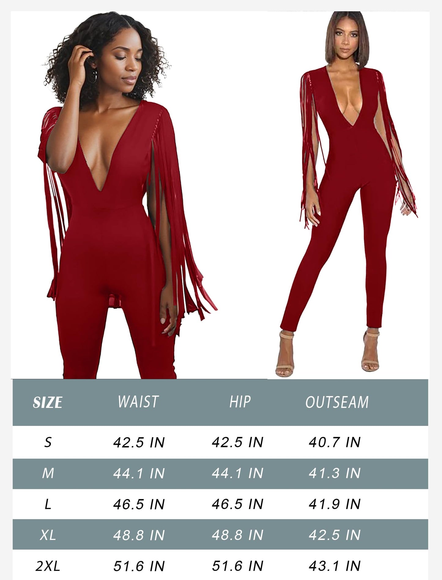 V Neck Tassel Sleeve Bodycon Jumpsuit