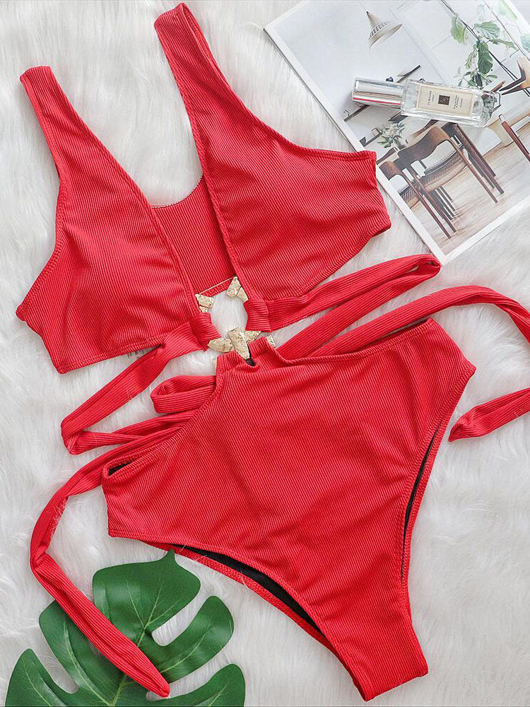 Trajes de baño con estampado de hojas sin espalda sin mangas