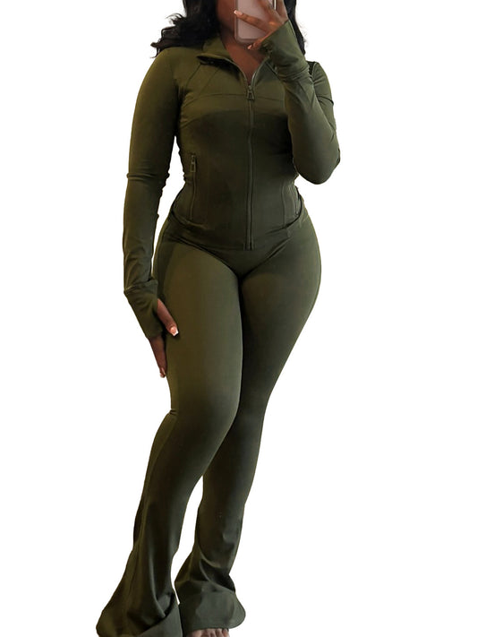 Two Pieces Sporty Fitted Flare Pants Set