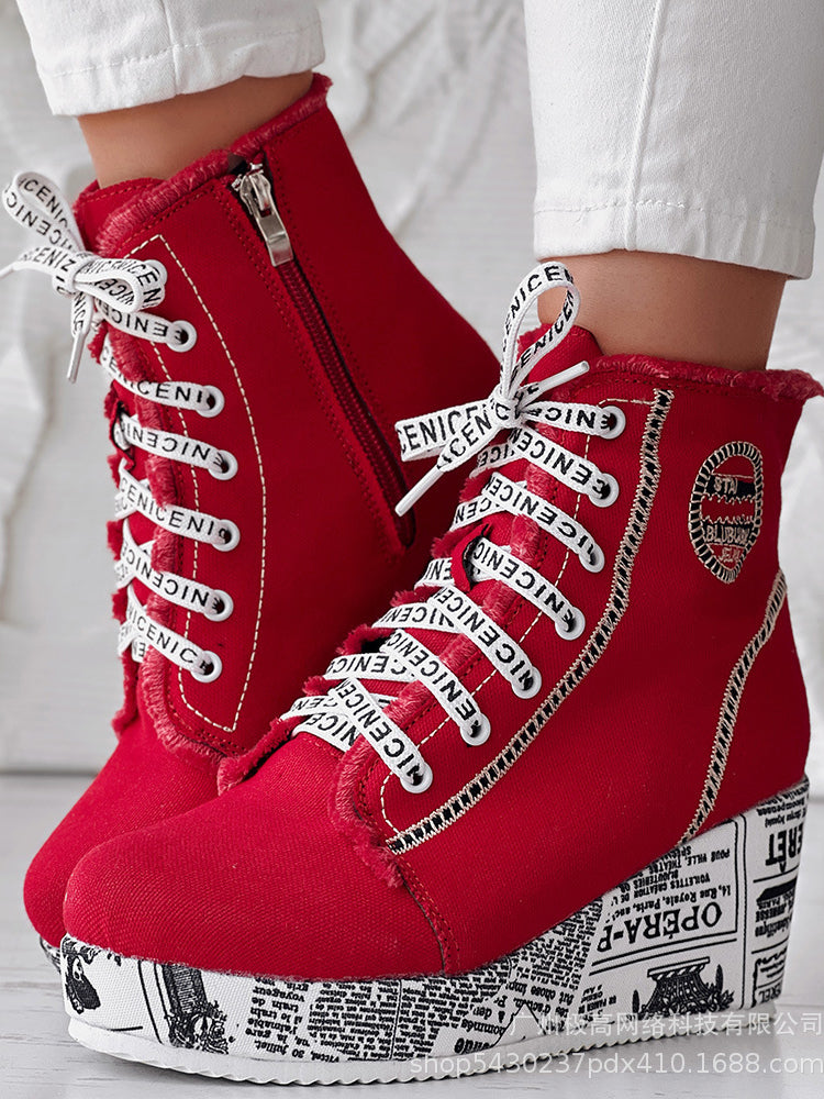 Newspaper Print Wedge High-Top Canvas Sneakers