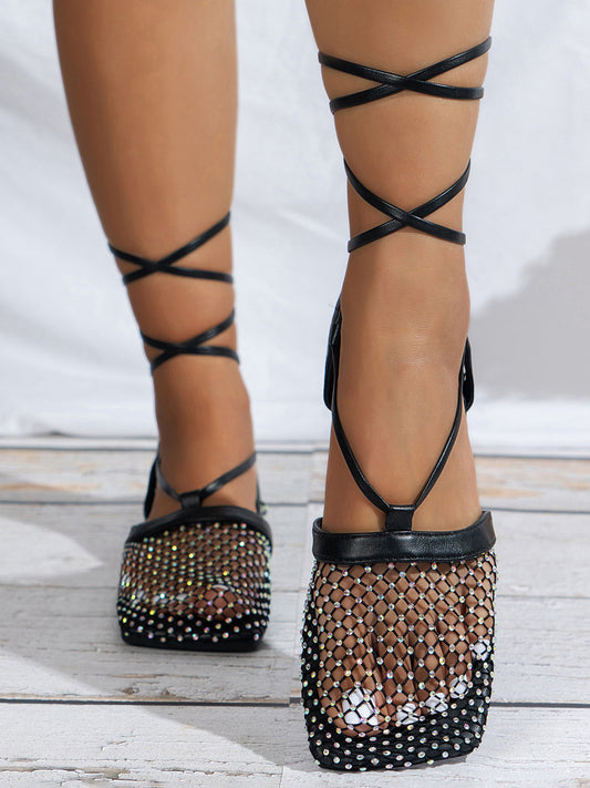 Hollow Out Rhinestone Crossed Straps Flat Sandal