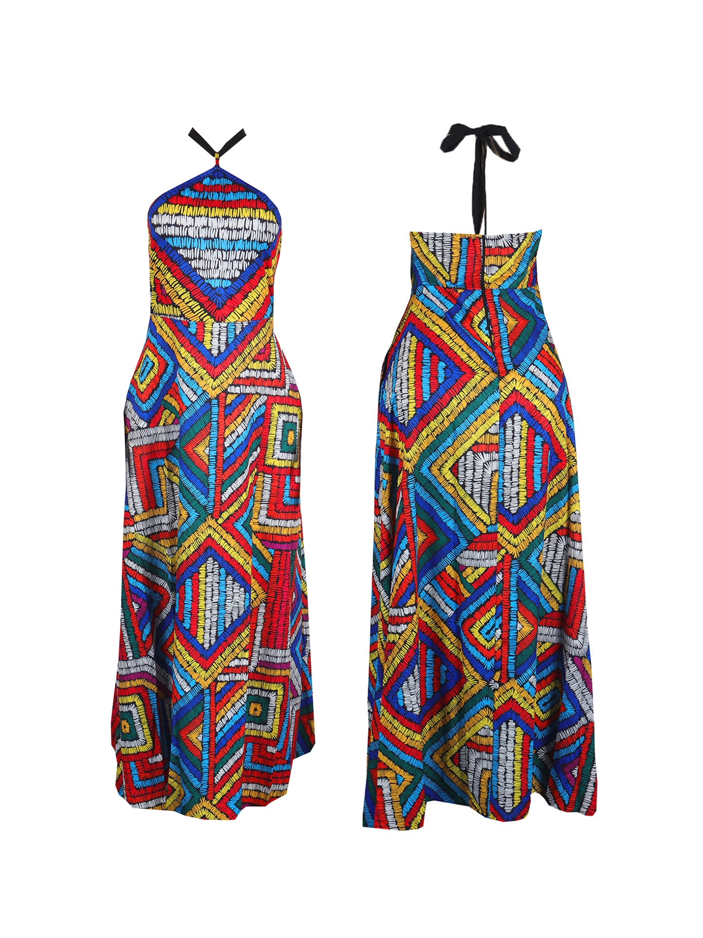 Colorful Print Halter Neck Backless Maxi Dress