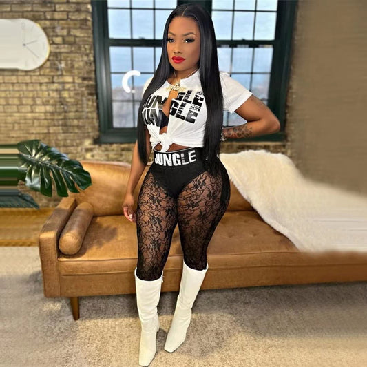 Two Piece Short Sleeve Top Mesh Leggings