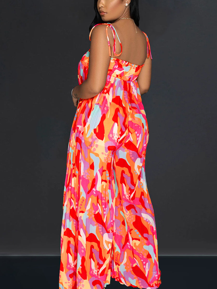 Mono estampado de pierna ancha plisado con tirantes