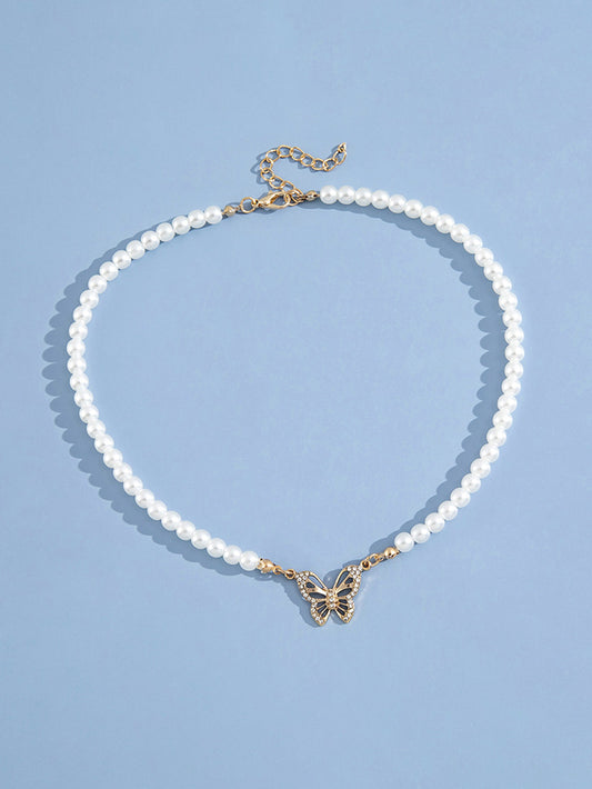 Pearl Butterfly Pendant Collar Necklace