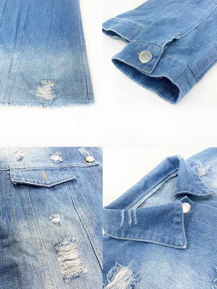 Long Sleeve Ripped Long Denim Jacket
