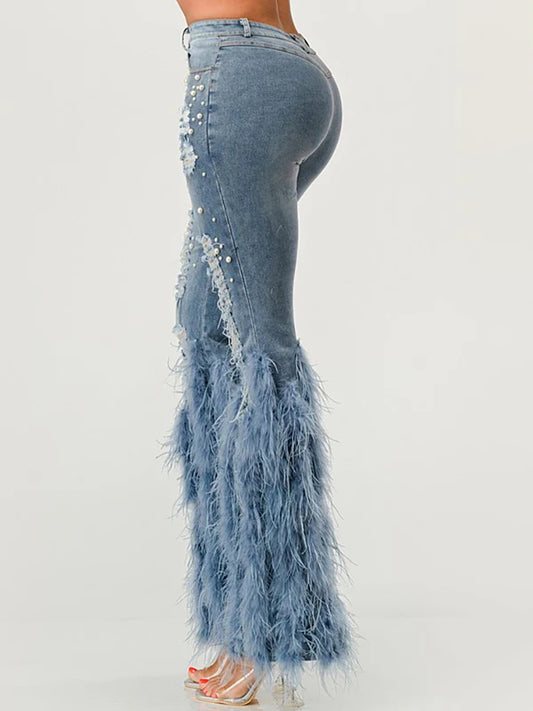 Feather Beaded Distressed Flare Jeans