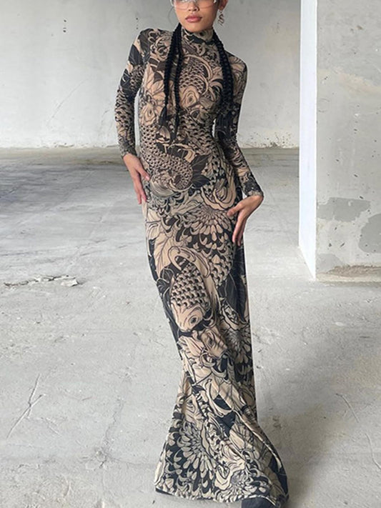 Mock Neck Mesh Print Maxi Dress