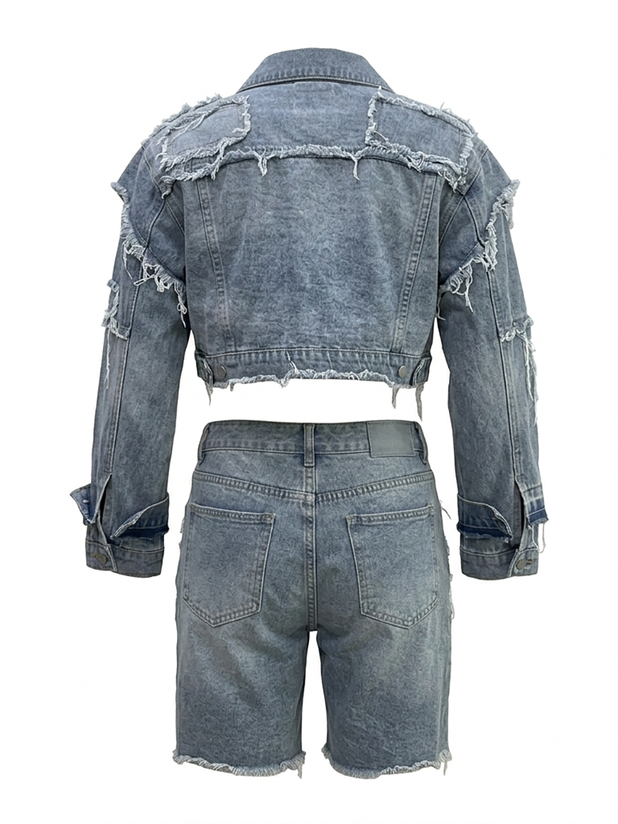 Ripped Patch Denim Jacket Shorts Set