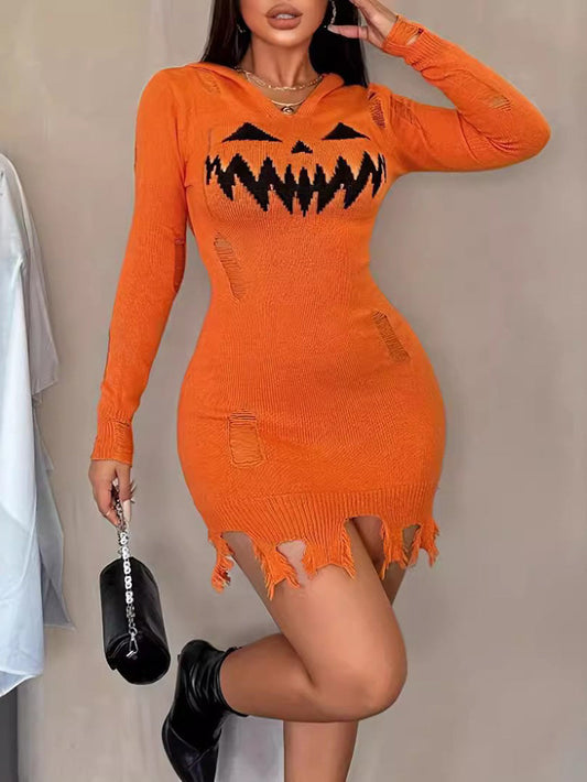 Halloween Pumpkin Ripped Knit Hoodie Dress