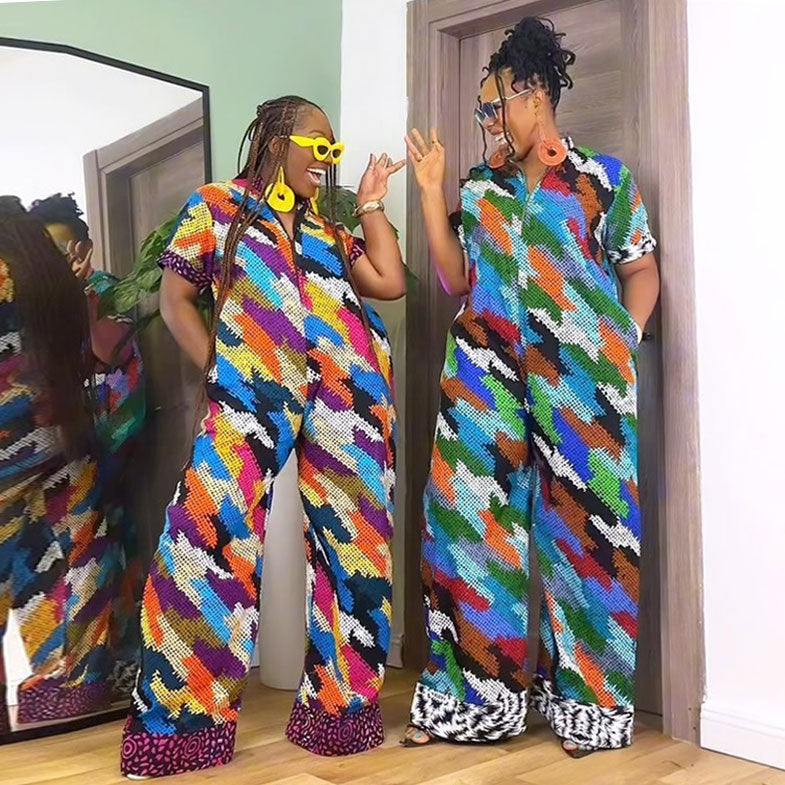 Print Zipper Wide Leg Jumpsuit