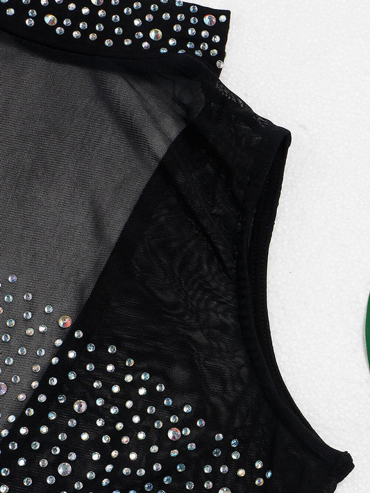 Rhinestone Mesh Patchwork Zip Up Short Jumpsuit