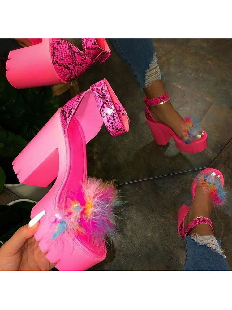 Feather Patchwork Chunky Platform Heel