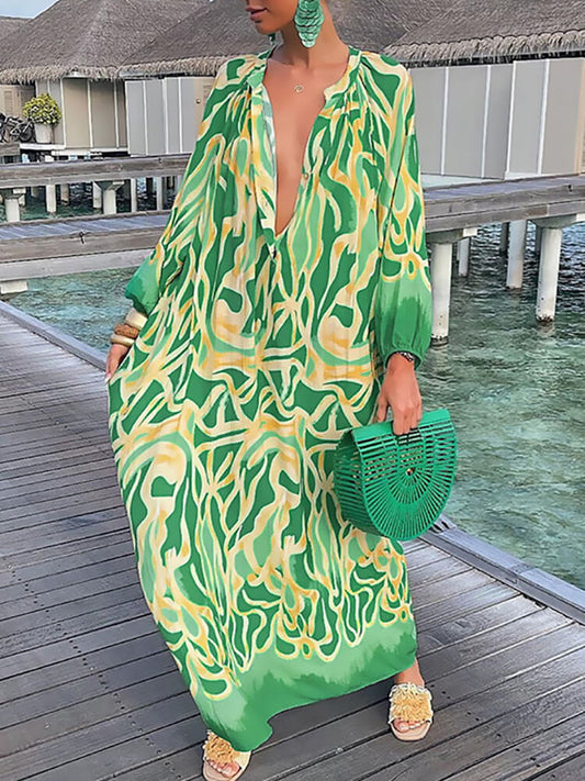 Vestidos largos con estampado floral y cuello en V de manga larga