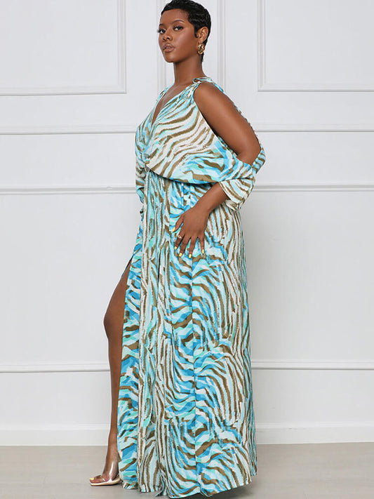 Long Sleeve Printed Off Shoulder Maxi Dress