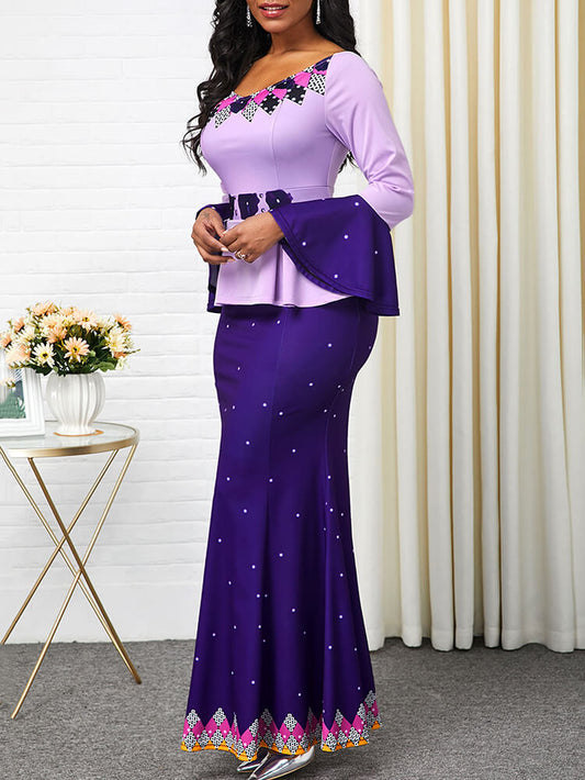 Long Sleeve Floral Print Ruffle Bodycon Maxi Dress