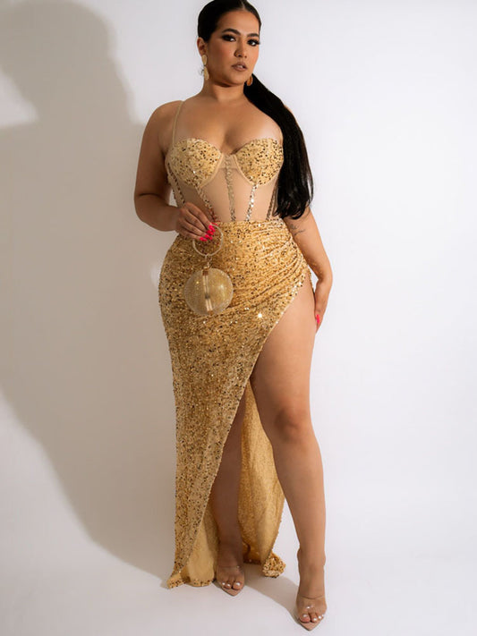 Lentejuelas Terciopelo Sin mangas Dividir Maxi Vestidos